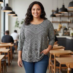 Lucky Brand Women Size 2X Cotton/Modal Paisley Border Print Black/Taupe Tunic To